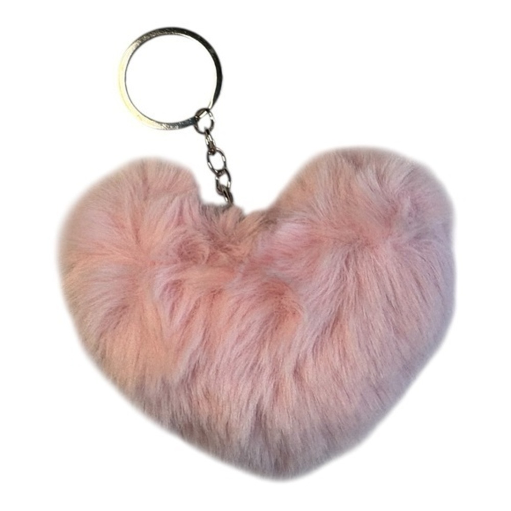 3/$25 Pink Fluffy Heart Pom Pom Keychain Bag Purse Charm